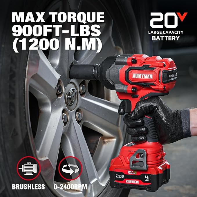 Cordless Impact Wrench, 900Ft-lbs (1200N.m) 1/2" Brushless Impact Gun, 20V High Torque Power Impact Driver, 2x4.0Ah Batteries,Brushless Motor 2400 RPM Variable Speeds for Family Car/Pickup Truck/Mower