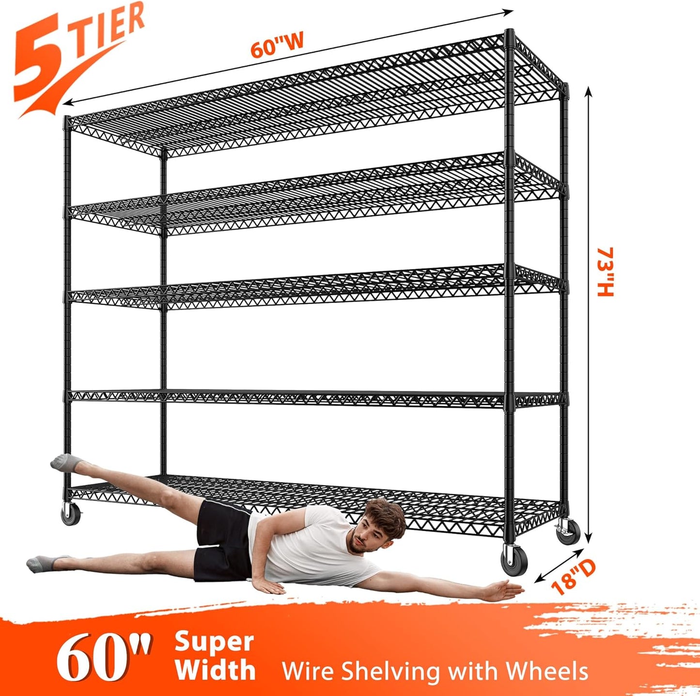 REIBII 73" H Storage Shelves Wire Shelving with Wheels 3200 lbs Heavy Duty Steel Metal Shelving Unit Shelf Rack for Warehouses,Garage, Kitchen, School,Commercial,73" H X 60”W X 18" D