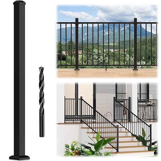2.56 in. x 2.56 in. x 48.5 in. Porch and Deck Railing Post with Screws&Drill, Aluminum Railing Post, Black Textured Outdoor Powder-Coat Finish Stair Post for Decks, Porches & Balconies (1 Post)