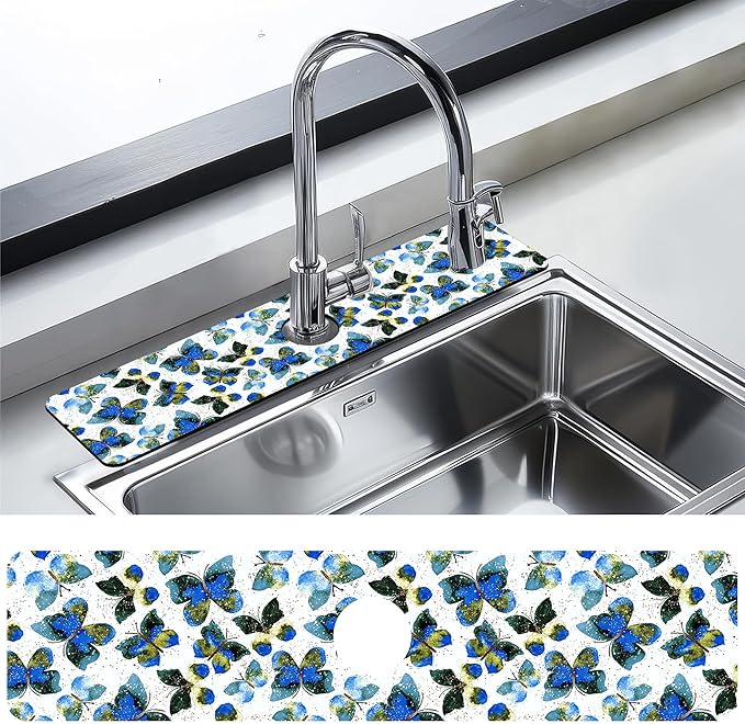 Kitchen Faucet Mat Colorful Butterfly Animals Kitchen Sink Splash Guard Faucet Mat,1 PC Splash Guard Behind Faucet Drip Catcher for Kitchen,Dish Drying Mat,Bathroom Faucet Mat 23.5""X5.5""