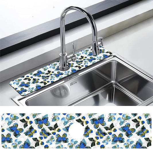 Kitchen Faucet Mat Colorful Butterfly Animals Kitchen Sink Splash Guard Faucet Mat,1 PC Splash Guard Behind Faucet Drip Catcher for Kitchen,Dish Drying Mat,Bathroom Faucet Mat 23.5""X5.5""