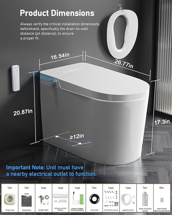 Glendan Modern Smart Toilet with Bidet Built In, One Piece Toilet With Auto Open/Close, Powerful Flush, Warm Water Wash, Foam Shield, Smart Bidet With Heated Seat, Dryer, Night Light & Remote