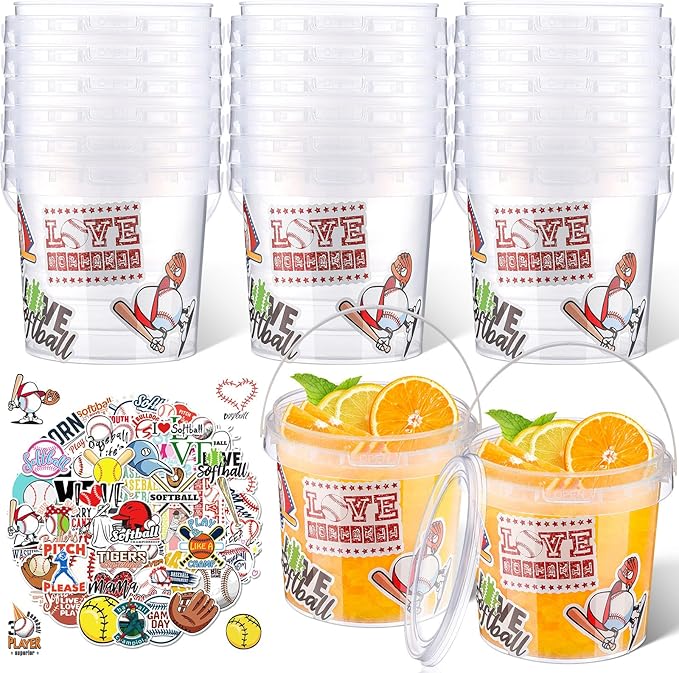PerKoop 20 Pcs 32 oz Baseball Ice Cream Buckets with Lids and Handles Clear Cocktail Rum Buckets for Drinks with 200 Stickers Plastic Transparent Tub Reusable Food Storage Containers for Parties