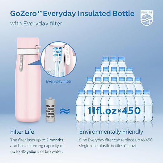 PHILIPS Filtered Water Bottle, Insulated Stainless Steel Water Purifier Bottle for Daily Life & Travel, BPA Free with GoZero Everyday Filter for Cleaner Tastier Tap Water, Keeps Cold, 18.6 oz Pink
