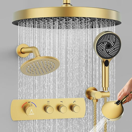 Shower System Brass Thermostatic Shower Faucet Set With Valve and Diverter Shower Mixer with 2 Rain Shower Head and Multi-function Handheld Head（Brushed Gold）