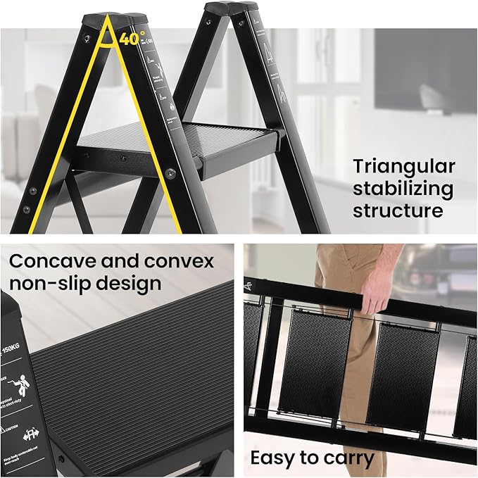 FAHKNS 4 Step Ladder, Aluminum Light Folding 4 Step Stool with Non-Slip Wide Pedal (7.9Inch), 330Lbs Capacity Stepping Stool, Step Ladder 4 Step Folding for Office,Household,Kitchen, Black