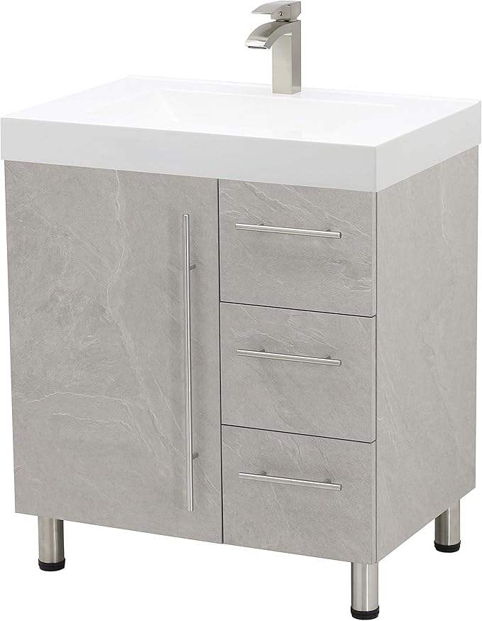 30" Freestanding Bathroom Vanity, Light Slate Grey. White Integrated Countertop