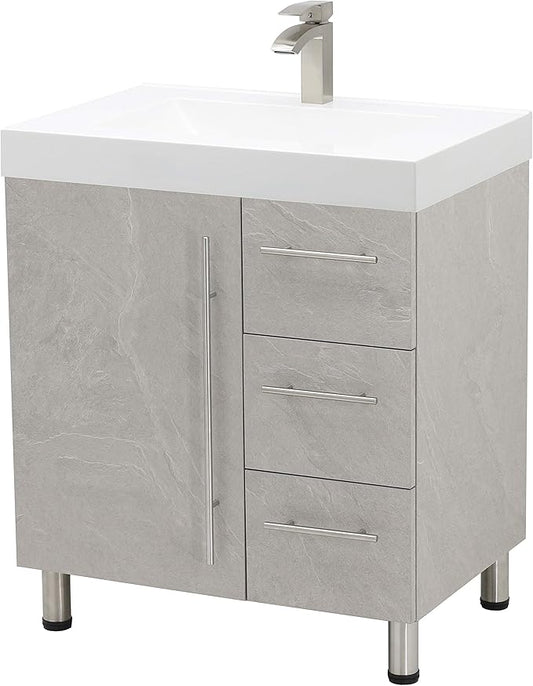 30" Freestanding Bathroom Vanity, Light Slate Grey. White Integrated Countertop