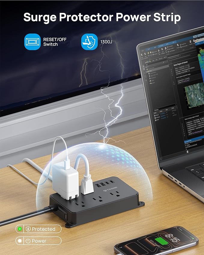 TROND Power Strip Surge Protector, 5 Widely-Spaced Outlets with 2 USB A and 2 USB C, ETL Listed, Wall Mountable, Flat Plug 5ft Extension Cord, 1300J, 14AWG Heavy Duty, for Office Kitchen, Black