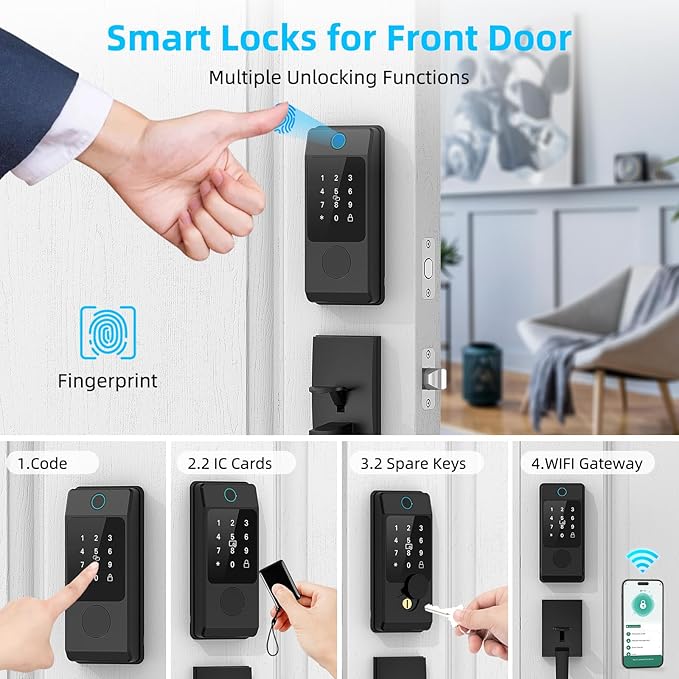 WiFi Front Door Lock Set with Handle, Featuring Fingerprint Keyless Entry, Smart Keypad with Lever Handles, Electronic Screen + WiFi Gateway, App Control, Auto-Lock, and Voice Control