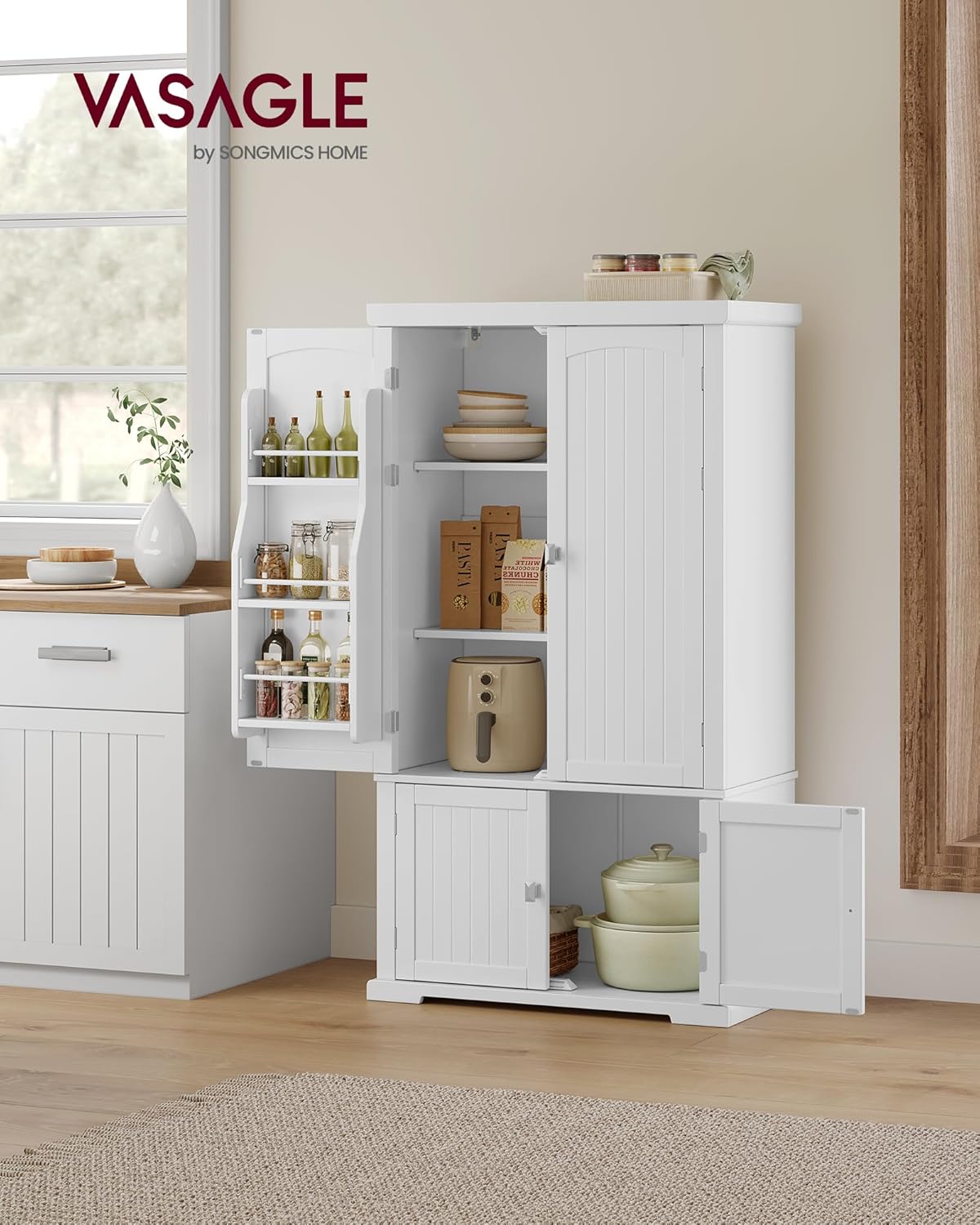 VASAGLE Pantry Cabinet, 53.5-Inch High Freestanding Tall Cupboard Storage Cabinet, 2 Cabinets, 2 Adjustable Shelves, 6 Door Shelves, for Living Room, Kitchen, White UBBC671W01