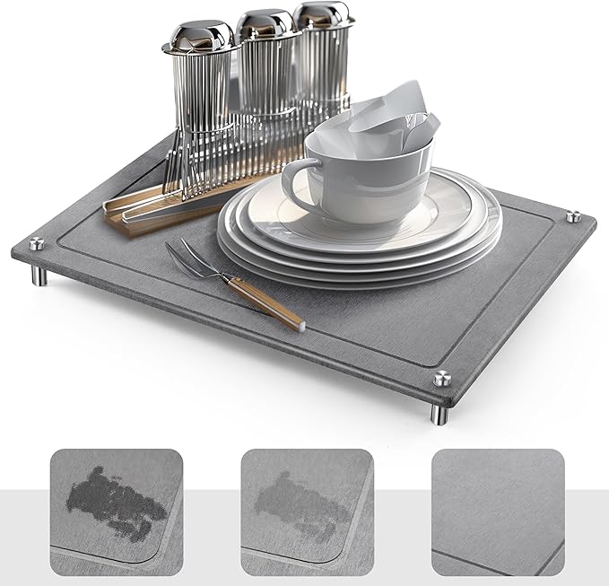 Stone Drying Mat for Kitchen Counter，IPOW Diatomaceous Dish Drying Mats Superb Absorbent，Heat-ResistantFast Drying Stone Mat Kitchen with Non-Slip Stainless Steel Feet（Gray）