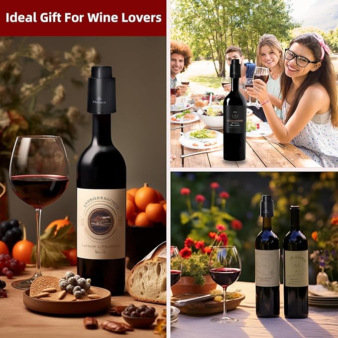 Philorn Wine Bottle Stoppers, 3 PACK Vacuum Wine Stoppers - Saver Toppers for Wine Bottles, Reusable Wine Cork Cover Keep Wine Fresh after Opening, Real Vacuum Pump Wine Keeper Cap Preserver - Gifts