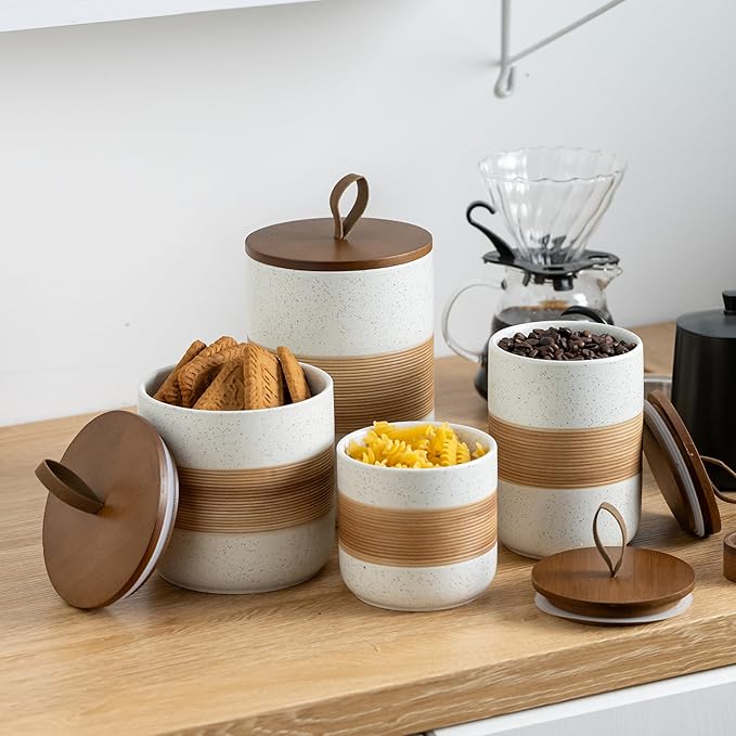 Coffee Container Jar with Lid, Ceramic Kitchen Food Storage Jars for Spice Sugar Cookie, Stackable Decorative Jars for Coffee Bar, White & 28oz