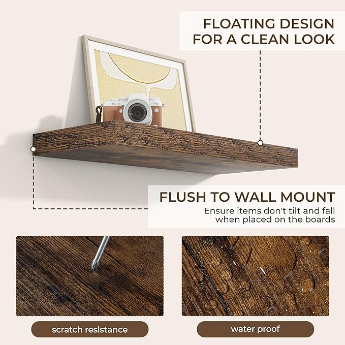 RICHFOCUS 24Inch Floating Shelves for Wall 2 Pack Shelves for Bedroom|Kitchen|Bathroom Wall Mounted Rustic Wood Floating Shelf with Invisible Brackets for Books|Storage|Decor, Rustic Brown