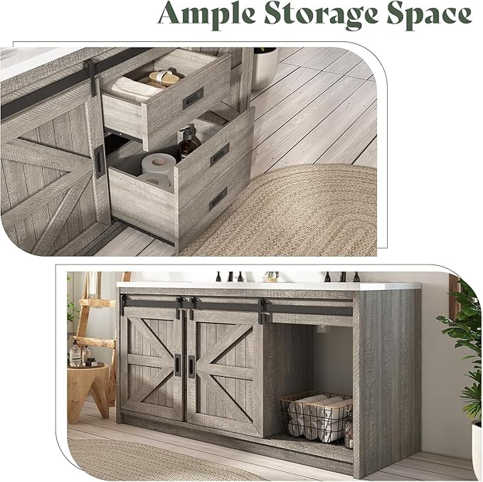 60" Farmhouse Bathroom Double Vanity Sliding Barn Door with Sink Combo, Bathroom Vanity Cabinet with Drawers & Metal Handles, Freestanding, Gray