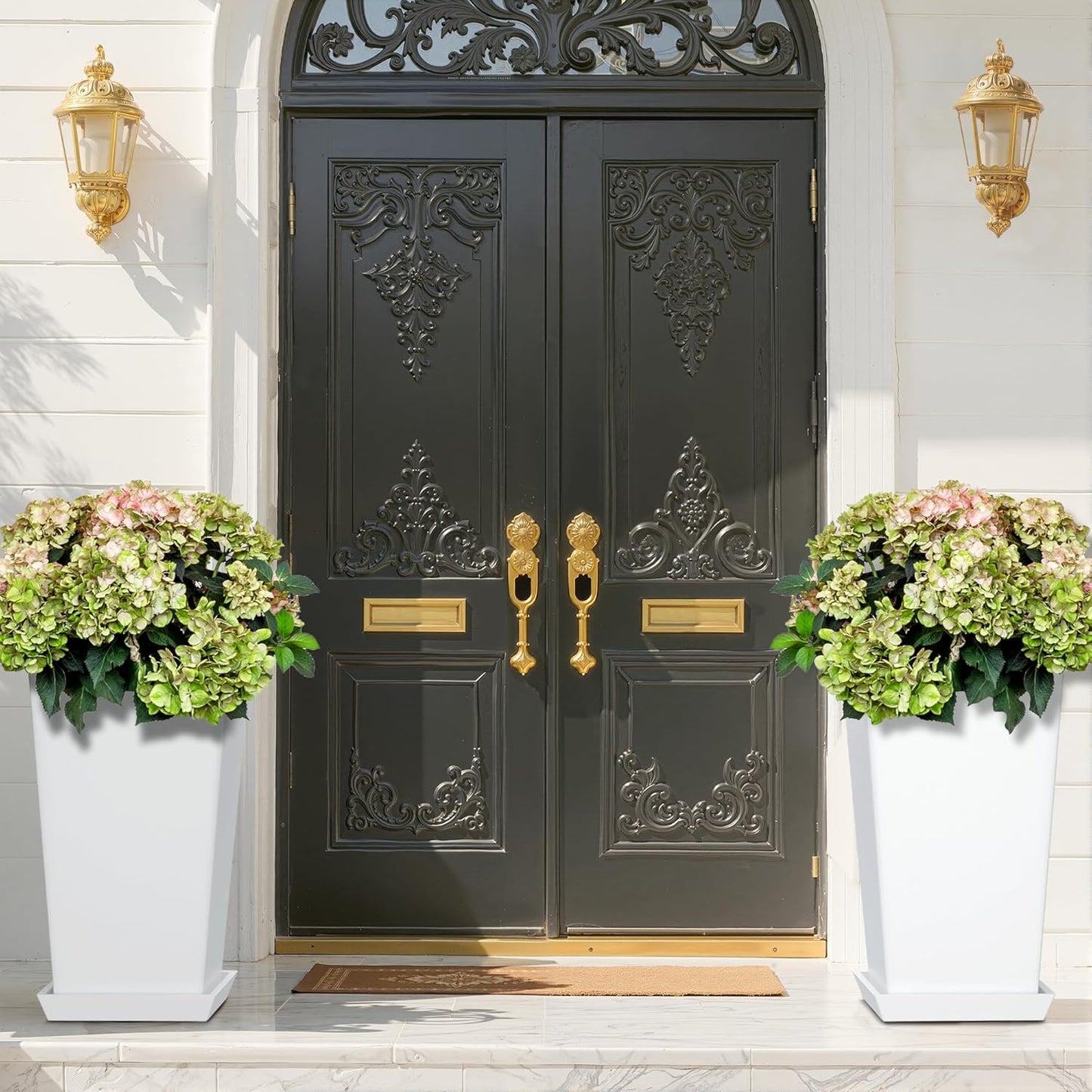 FENCY Set of 2 Tall Planters for Outdoor Plants, 24 Inch Large Tapered Pots with Drainage Trays, Weather-Resistant Plastic Plant Containers for Patio, Porch, Garden, Front Door Decor,White