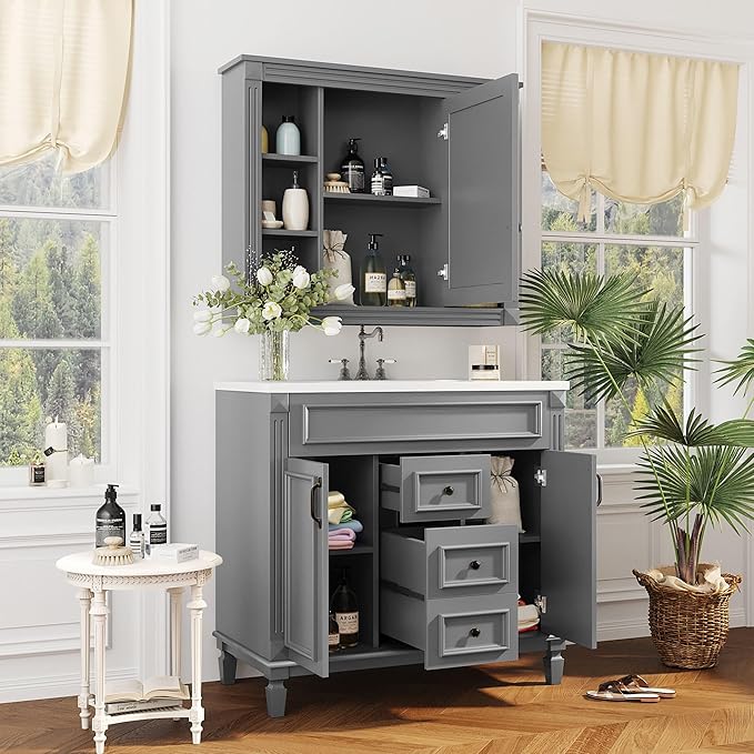 Marzzi 36"" Bathroom Vanity with Sink & Matching Medicine Cabinet, 36 inch Bathroom Vanity Storage Cabinet with Sink Top, 2 Drawers, and Mirror Cabinet, Grey