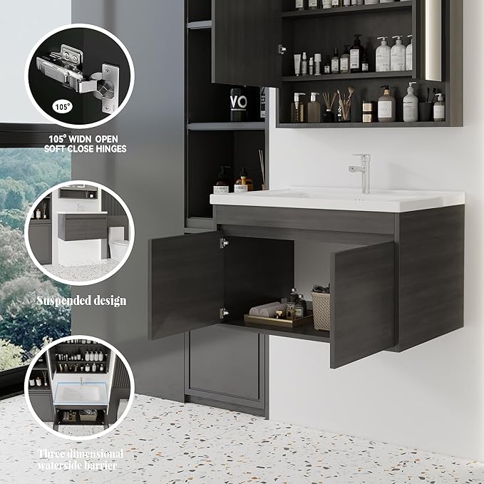 32'' Bathroom Vanity with Ceramic Sink Combo, Wall Mounted Small Bathroom Vanity with Soft-Close Door Modern Floating Cabinet, Pop-up Drain, P-Trap Included, GreyWalnut(No Faucet)