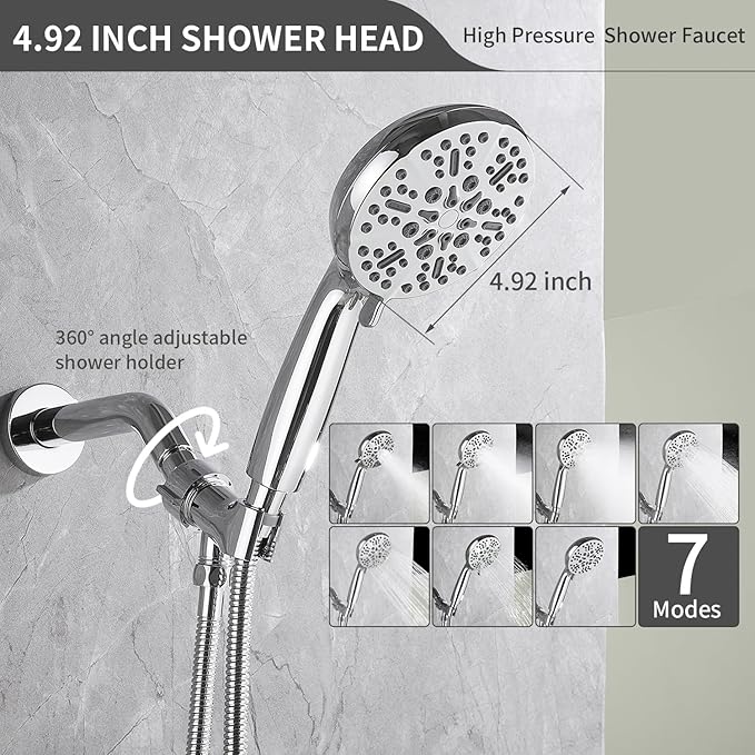 Chrome Shower Faucet Set Bathroom Shower Head Kit High Pressure Combo Tub Shower System 7 Modes ABS Handheld Spray shower valve kit Shower Head and Handle Set