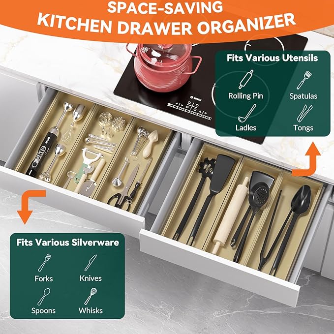 Bamboo Drawer Organizer - Extra Large Silverware & Utensil Organizer, 2 Pcs Toilet Toppers, Wooden Toilet Paper Basket (Gold, 17 X 6 X 2 Inch)