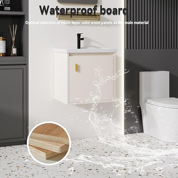 20'' Bathroom Vanity with Ceramic Sink Combo, Wall Mounted Small Bathroom Vanity with Soft-Close Door Modern Floating Cabinet, Pop-up Drain, P-Trap Included, Khaki(No Faucet)