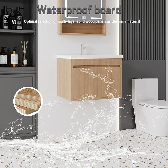 24'' Bathroom Vanity with Ceramic Sink Combo, Wall Mounted Small Bathroom Vanity with Soft-Close Door Modern Floating Cabinet, Pop-up Drain, P-Trap Included, Walnut(No Faucet)