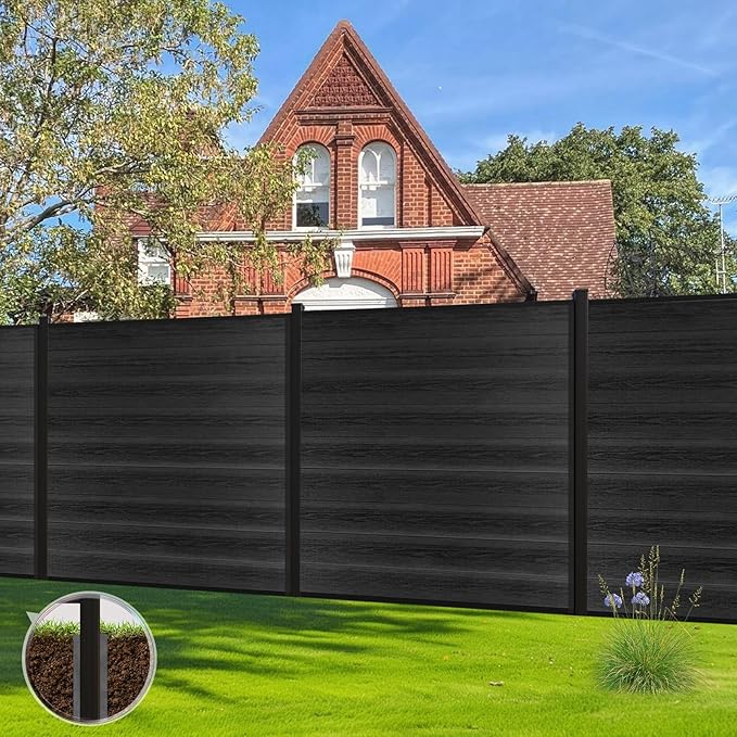 6 Feet×6 Feet Privacy Fence, Outdoor Wood Plastic Composite Fence Panel, Waterproof Security Barriers Fencing (Black with Two 7.6FT Posts)