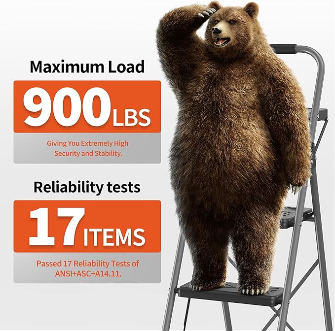 4 Step Ladder, Folding Step Stool with Tool Platform, Wide Anti-Slip Pedal and Anti-Slip Feet, Sturdiest Steel Construction, 900lbs Capacity Steel Ladder, Installation Free, Grey