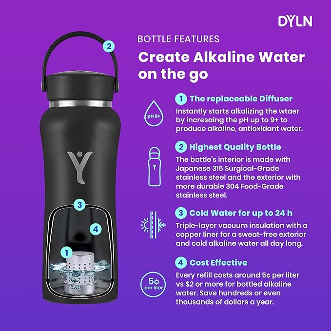 DYLN Alkaline Water Bottle | Portable Hydrogen Water Bottle Creates Hydrogen-Rich Water up to 9.5 pH | Vacuum Insulated Stainless Steel Keeps Water Cold for 24 Hours