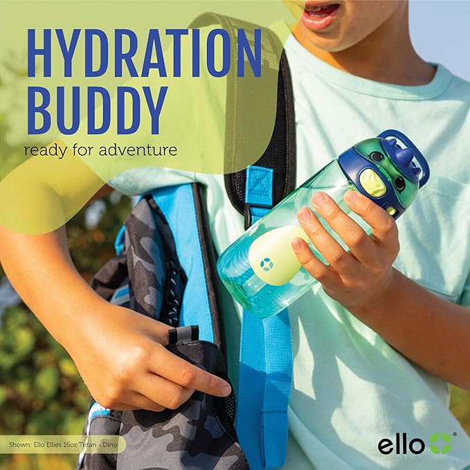 Ello Ellies 16oz Plastic Kids Water Bottle with Straw and Built-in Carrying Handle and Leak-Proof Locking Lid for School backpack, Lunchbox and Outdoor Sports