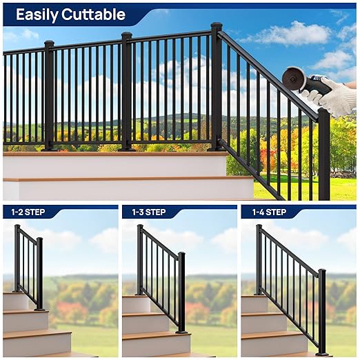 1 Pack 36 in. H x 4 ft. W Porch and Deck Railing Kit Without Post, Aluminum Stair Railing Kit, Black Textured Powder-Coat Finish Railing System for Concrete Steps or Wooden Stairs (1 Panel)