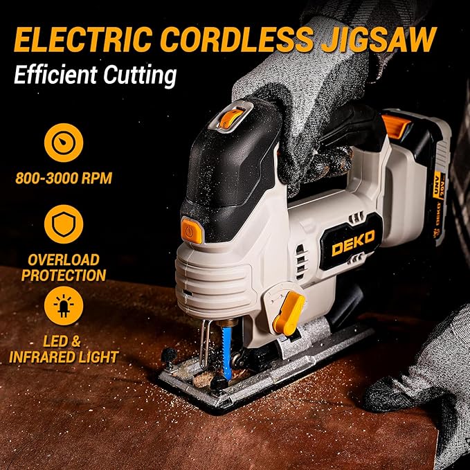 Jig Saw Cordless Electric Tool: DEKOPRO 20V Power Jigsaw with LED Light, 800-3000 RPM Variable Speed, 7/8" Stroke Length, 3 Orbital Settings, ±45° Bevel Cuts for Straight/Curve/Circle Cutting (Gray)
