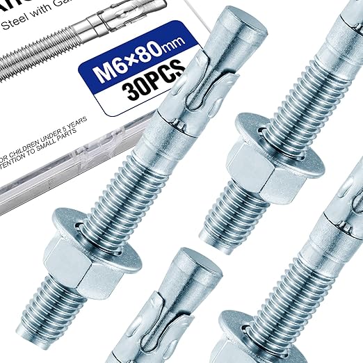 30Pcs M6×80mm Wedge Anchor Bolt, Carbon Steel Zinc Plated, Concrete Anchor Screws Kit, Anti-Rust Metric Expansion Bolts