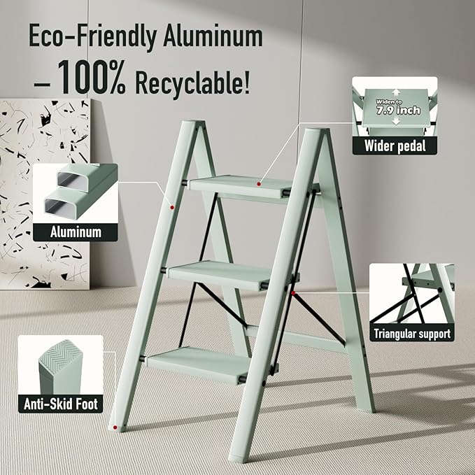 3 Step Ladder,Aluminum Folding Step Stool for Adults,Step Ladder with Wide Anti-Slip Pedal,330 lbs Capacity for Home,Office,Kitchen,Library(Green)
