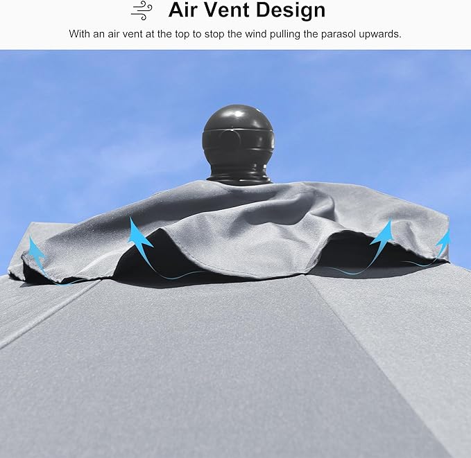 PURPLE LEAF 9' Round Patio Umbrella Outdoor Table Umbrella Aluminum Frame Market Umbrella Sun Umbrella with 8 Sturdy Ribs & Tilt for Garden Deck Lawn & Pool Light Gray