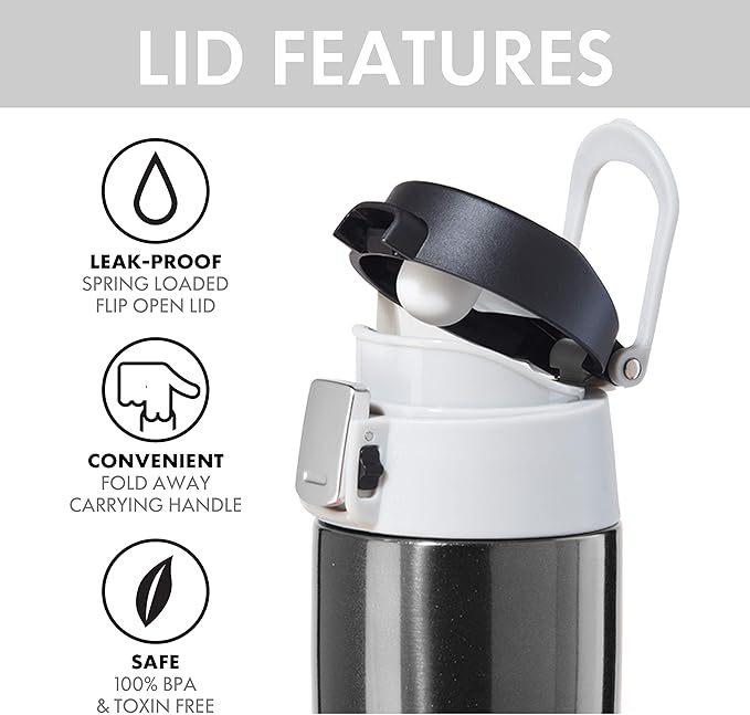 OGGI Caliber Stainless Steel Travel Water Bottle- Insulated Coffee Mug, Metal Water Bottle, Sports Bottle, Water Flask, Travel Bottles, 17oz, Black