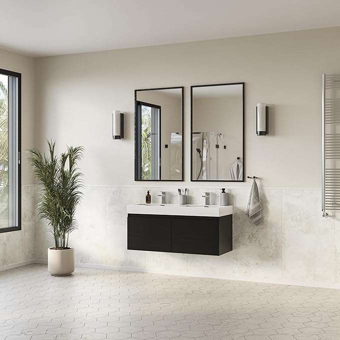 Fresca Mezzo 48 Inch Black Wall Mount Modern Double Bathroom Vanity - Includes Double Integrated Sinks with 4 Soft-Closing Hidden Drawers - Faucets Not Included - FCB8012BW-I