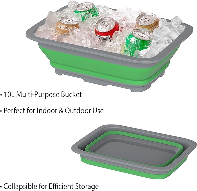 Collapsible Ice Bucket - 10-Liter Portable Outdoor Multi-Use Basin, Dish Tub, and Storage Basket for Camping and Tailgating by Wakeman (Green)