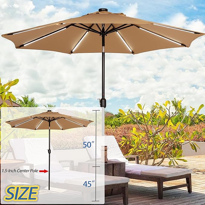 Sunnyglade 9FT Outdoor Solar LED Lighted Patio Umbrella with 8 LED Strip Lights & 8 Ribs, Convenient Crank Lift System