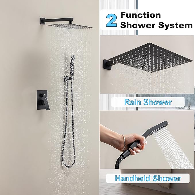 Shower Faucet Set, Shower System with 10 Inch Rain Showerhead and Handheld Shower, Wall Mounted High-Pressure Showerhead Combo Set Included Valve and Trim, Matte Black
