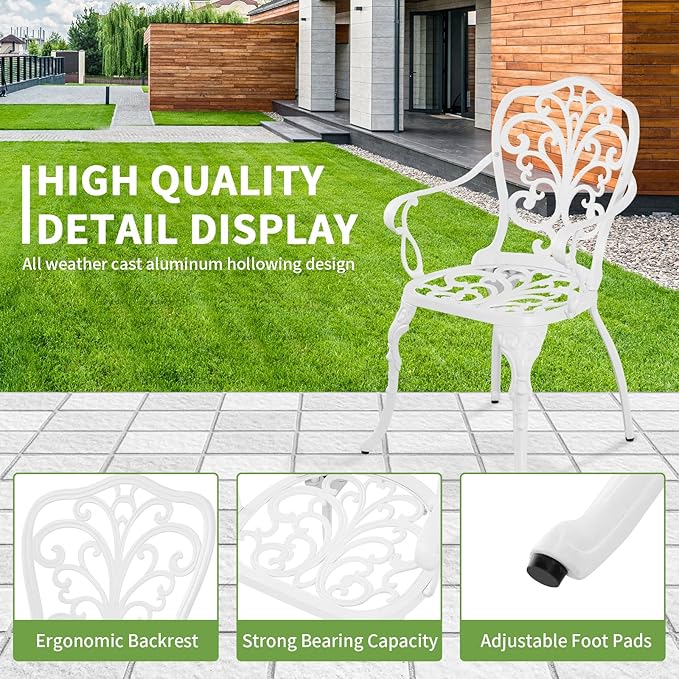 Patio Bistro Set 3 Piece Cast Aluminum Outdoor Bistro Set, Rust Resistance Bistro Table and Chairs of 2 with Umbrella Hole, Small Patio Set for Garden Outside, White