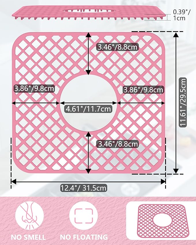 2 Pack Silicone Sink Protector for Kitchen Sink, Lozenge Pattern 12 x 11" Sink Grid Mat Silicone Protectors, Center Drain, Pink