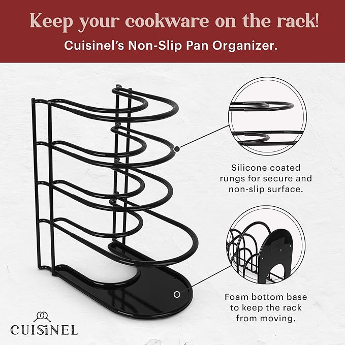 Pan Organizer - Silicone-Coated Non-Slip 12" Heavy Duty Skillet Rack - Kitchen Counter/Cabinet Organization Storage - Holder for Cookie Sheet, Cutting Board, Cast Iron Cookware, Dish, Pot, Lid Stand