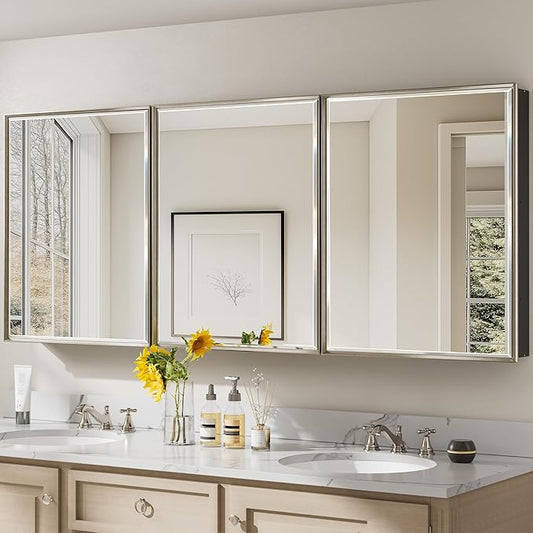 72x30 Brushed Nickel Medicine Cabinet, Recessed or Surface Large Framed Medicine Cabinet with 3 Beveled Mirror Door & Adjustable Shelves, Shatterproof, Pre-Assembled Bathroom Storage Cabinet
