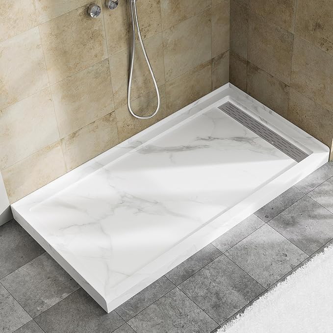 MORVANO 60 x 32 Shower Base with Single Threshold Rectangular Right Drain Location Shower Base,Shower Pan With Stainess Steel Cover,Marble White Acrylic Shower Base