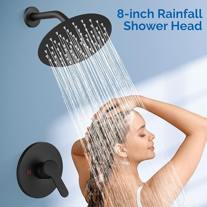 Airuida Shower Faucet Set,8 Inch Round Rainfall Shower Head,SUS304 Stainless Steel Single Handle Shower Trim Kit,Wall Mount Bathroom System with Male Threads Valve Matte Black