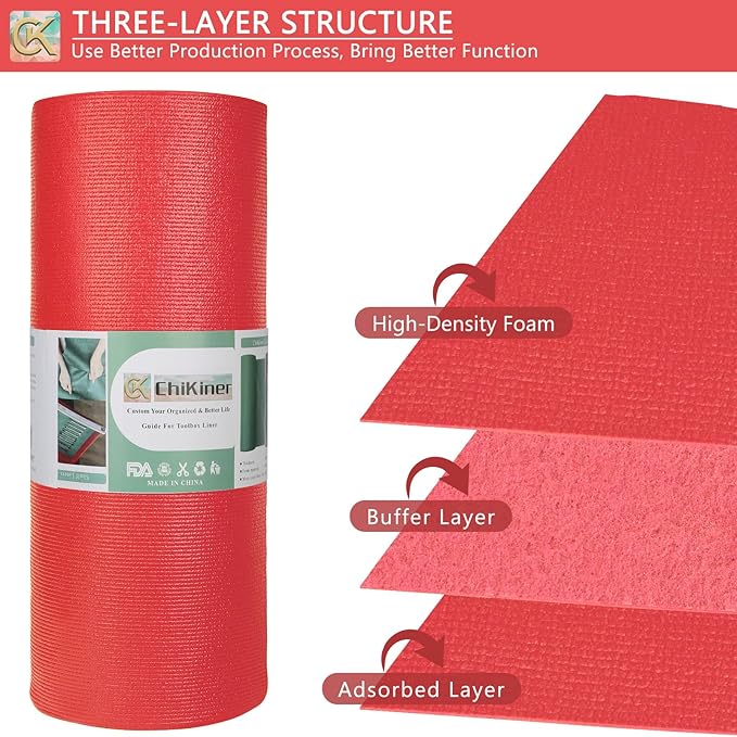 Foam Toolbox Liner Shelf Liner, Thickened Durable Pad Tool Box Mat for Protecting Your Tools, Work Surfaces, Garage, Chest -Red 3mm Thickness, 16 inch*16 ft