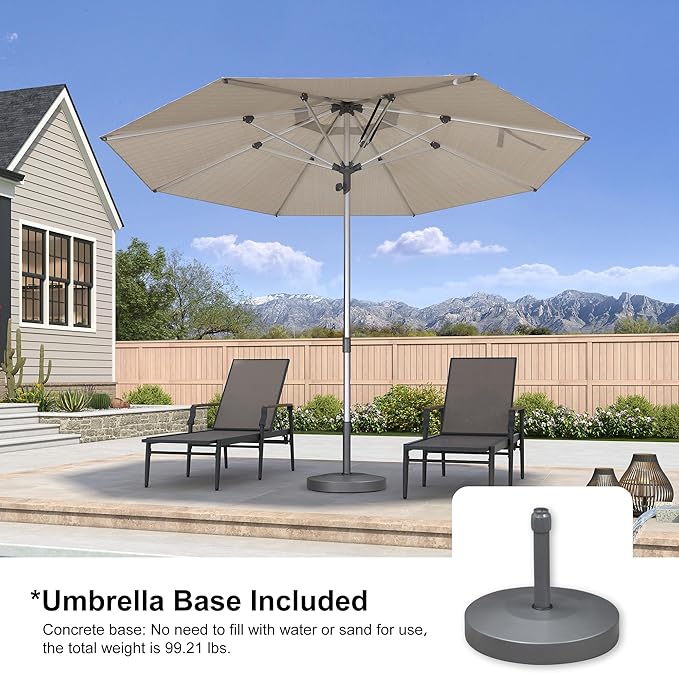 PURPLE LEAF 11.5 FT Semi-Auto Outdoor Patio Umbrella with Base Market Table Sun Umbrellas with 8 Aluminum Sturdy Ribs for Backyard Deck Garden Pool (Silver Pole Beige Canopy)