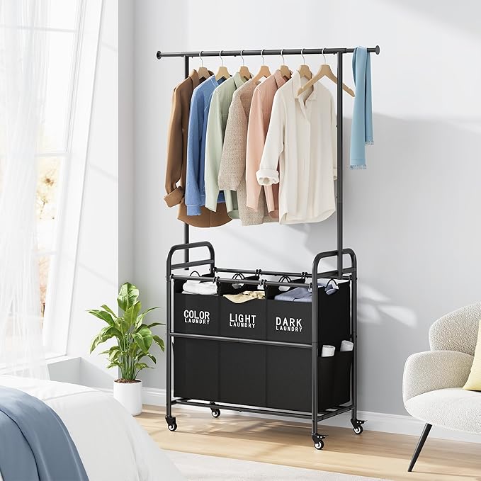 Tajsoon Laundry Sorter Cart with Hanging Rack, Laundry Sorter 3 Section, Laundry Hamper with Heavy Duty Rolling Lockable Wheels, Black